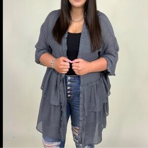 57  EASEL - Light Semi Sheer Open Front Ruffle Cardigan